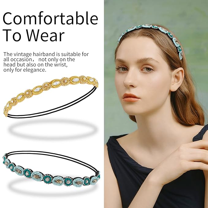 AMCAMI 5Pcs Rhinestone Beaded Headband Crystal Hairbands for Women in 5 Different Patterns - Elastic Headbands for Girls - Vintage Hair Accessories for Party Daily Wear