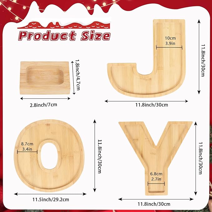 5 Packs Christmas Serving Platter Joy Charcuterie Board Bamboo Fruit Serving Tray Letters for Food with 2 pcs Sauce Dishes for Christmas Party Snack Serving