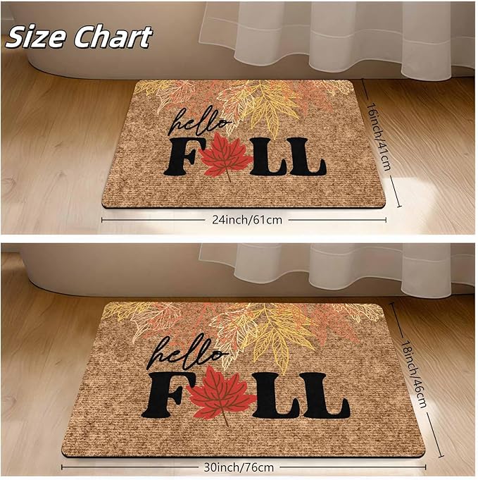 Hello Fall Door Mat, Fall Maple Leaves Welcome Mat for Indoor Outdoor Entrance Floor Mats Non Slip Vintage Doormat for Autumn Halloween Thanksgiving Farmhouse Decor, 24"x16"inch