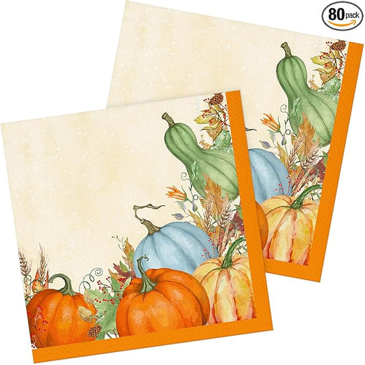 80 Thanksgiving Party Paper Napkins Disposable 13" x 13" Fall Dinner Napkins Autumn Harvest Pumpkin Luncheon Napkins