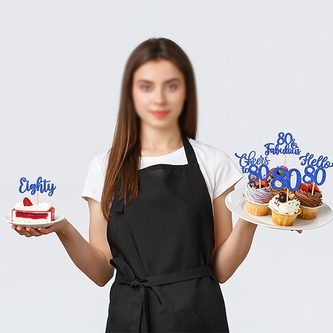 30PCS Happy 80th Birthday Cupcake Toppers Glitter Eighty Cheers to 80 Years Old Birthday Cupcake Picks Hello 80 Fabulous Cake Decorations for Happy 80th Birthday Anniversary Party Supplies Blue