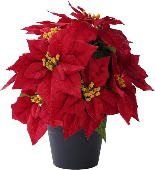 16" Poinsettias Artificial Christmas Flowers 11 Heads Fake Poinsettia Plants for Home Porch Garden Office Indoor Outdoor Christmas Winter Decorations Red