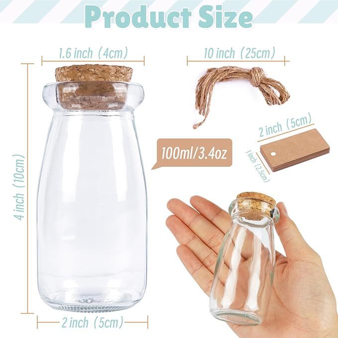 OurWarm 3.4oz Small Glass Jars with Lids, 12PCS Mini Glass Jars with Cork Twine Tags & Stickers, Versatile Potion Bottle Honey Spice Vials Candy Jars for DIY Crafts Birthday Wedding Gifts Party Favors