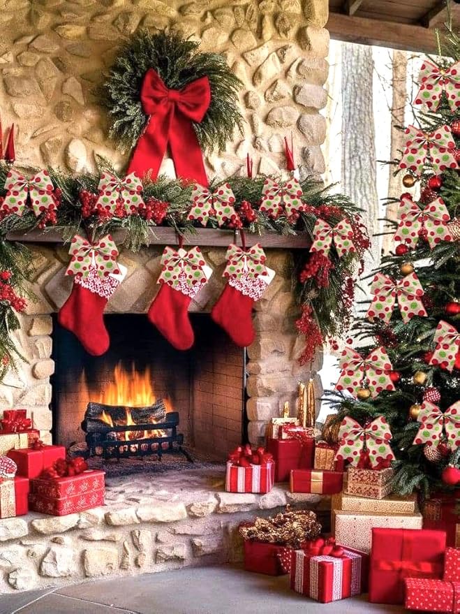 SIMISI RIBBON Christmas Tree Bows Wreaths Graland Xmas Party Decorations Red Green Polka Dot Ornaments (6 * 6 Inches, 12 Pcs)
