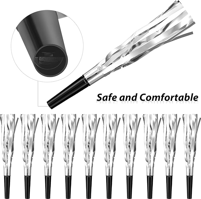 200 Pcs Party Blowers Noise Makers Horns Blowout Clappers Noisemakers for Halloween Christmas Birthday Sporting New Year's Eve Party Supplies 2026(Black Silver)