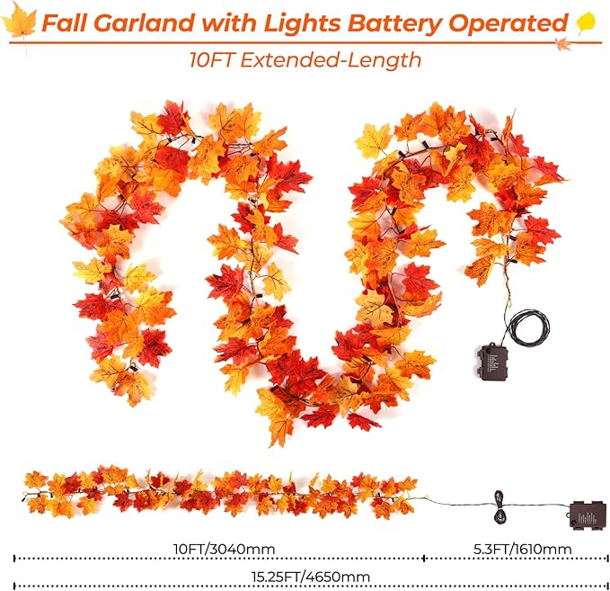 Fall Garland with Lights Battery Operated,10FT 50 Orange Bulbs Lighted Fall Leaves Garland,Fall Decorations for Home Thanksgiving,Mantel,Fireplace,Porch,Halloween,Table Decor Indoor Outdoor(1 Pack)