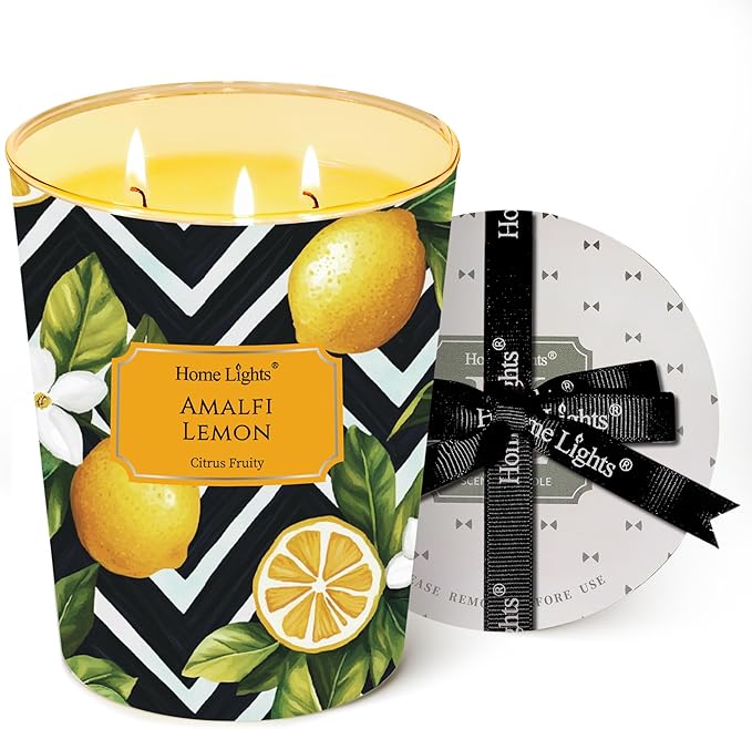 HomeLights Large jar Candle | 3-Wick Long-Lasting Scented Candles, 34oz Natural Soy Wax Candle for Home Scented, Eclectic Mixed Styles Gifts for Women & Men, Amalfi Lemon