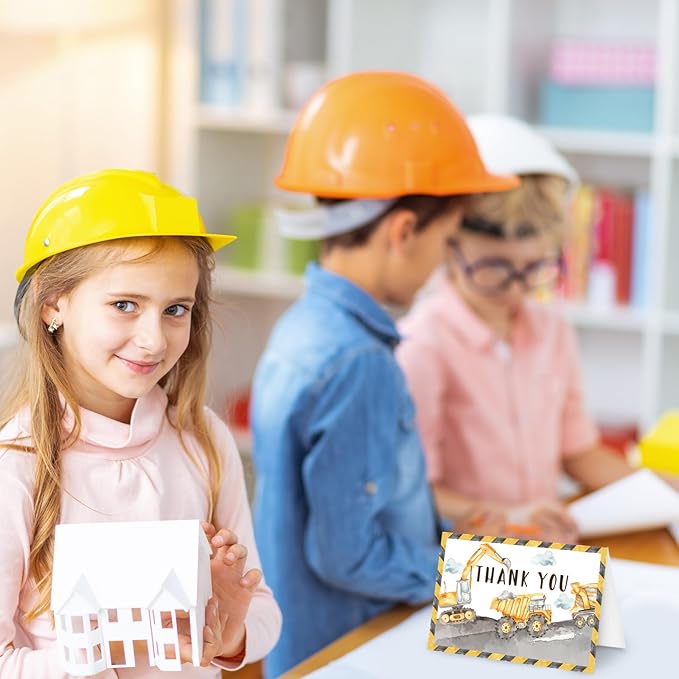 Whaline 24 Pcs Construction Thank You Cards Greeting Cards with Envelopes Stickers Yellow Dump Truck Digger Excavator Blank Note Cards for Birthday Baby Shower Party, 4 x 6 Inch
