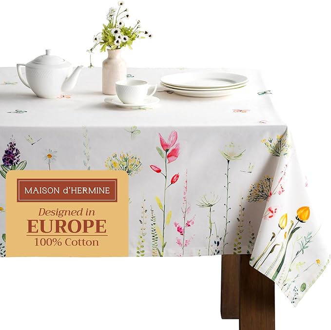 Maison d' Hermine Table Cloth Rectangle Table 100% Cotton 70 x 108 Inches Tablecloth Reusable Decorative for Dining Room, Farmhouse, Home, Party, Festive & Wedding Spring Summer - Botanical Fresh