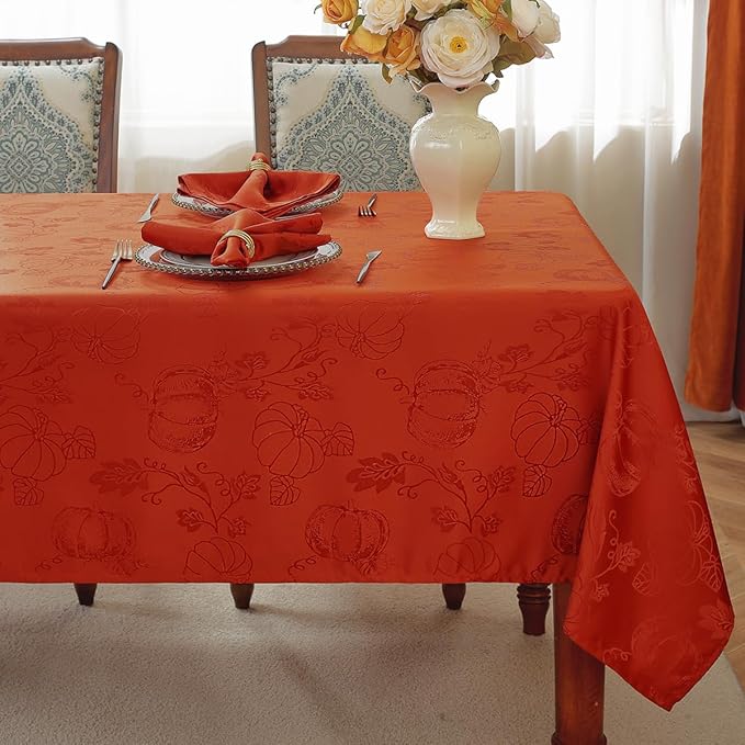 SASTYBALE Thanksgiving Tablecloths for Rectangle Tables Jacquard Fall Table Cloth with Pumpkins and Vines Stain Resistant Table Cover for Autumn Harvest, Dining, Party Decor (52 x 70 Inch, Red Rust)