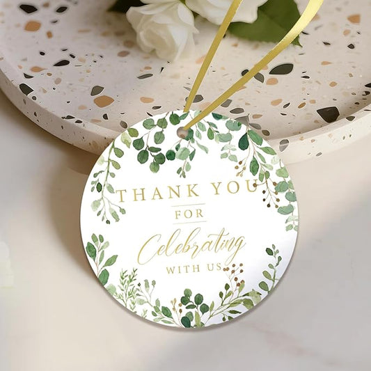 50PCS Thank You Gift Tags, 2x2 inch Green Floral Personalized Gift Tags with String for Wedding Birthdays Party Favors Baby Shower Bridal Shower