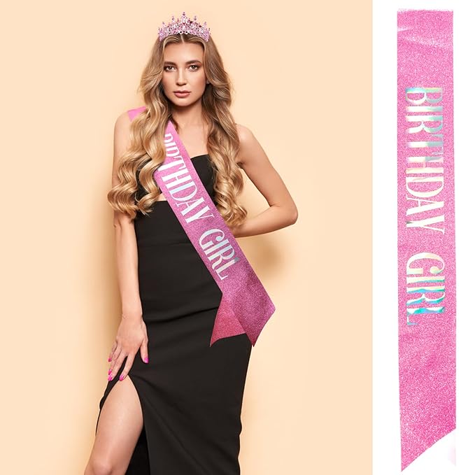 Velscrun Pink Crystal Birthday Tiara Crowns for Women Girls Elegant Princess Crown with Combs Birthday Girl Headband Sash Happy Birth Party Decorations Birth Gift Cake Topper Hair Accessories