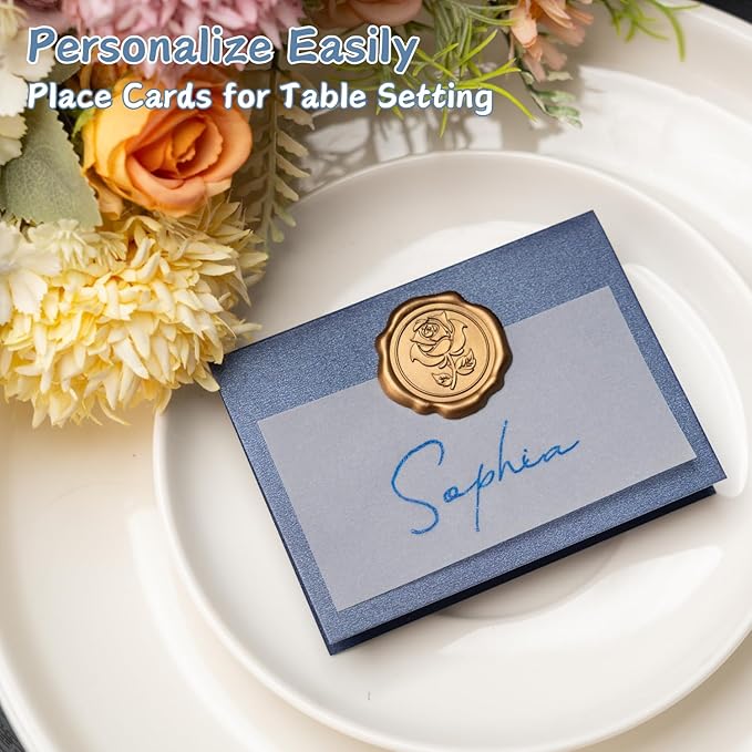 25 Pack Name Cards for Table Setting, Place Cards with Antique Gold Rose Wax Seal Sticker for Wedding, Table Tent Card Stock Handmade Decor for Party, Dinner, Home (Pearlized Navy Blue)