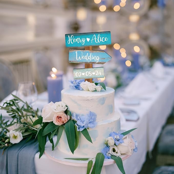 Personalized Beach Themed Wedding Cake Topper in Wood Custom Bride & Groom Names Initials Wedding Date Cake Decoration (Ocean)