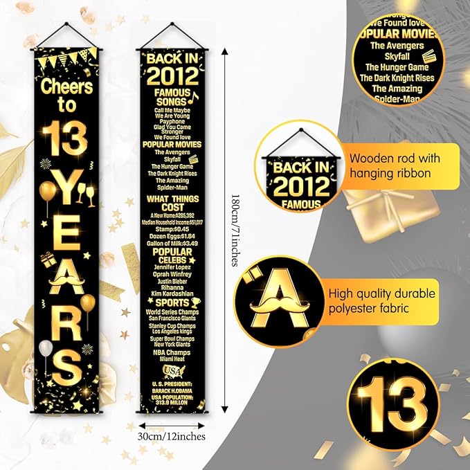 13th Birthday Party Anniversary Decorations Cheers to 13 Years Banner Party Decorations Welcome Porch Sign for Years Birthday Supplies (13th-2012)
