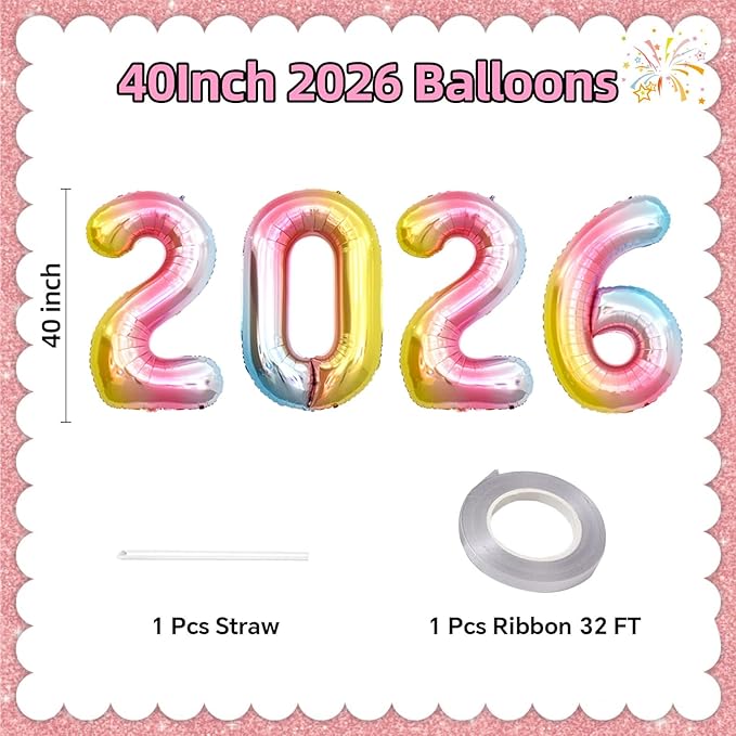 KALOR 42 Inch 2026 Rainbow Foil Mylar Number Balloons, Giant 2026 New Years Decorations for 2026 Happy New Year Eve and Graduations Party Supplies
