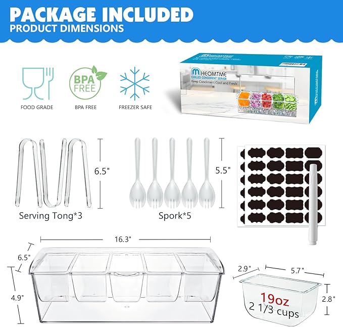 Chilled Condiment Server Tray, Bar Fruit Caddy with Lid and 5 Removable Compartments, Clear Ice Condiment Serving Tray for Party, Toppings Bar Container, Garnish