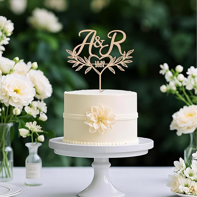 Custom Initials and Date Wedding Cake Topper Pesonalized Wedding Cake Decoration Heart and Leaves Design in Wood