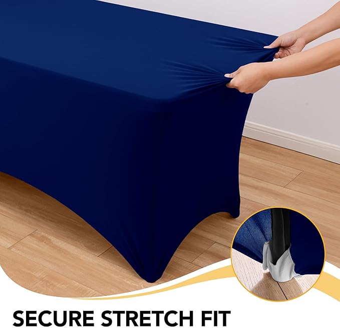 8-Pack Premium Navy Blue Spandex Tablecloths for 6ft Rectangle Tables, Stain & Wrinkle-Resistant, Washable Stretch Polyester Fitted Table Cover for Weddings, Banquets, Trade Shows Events