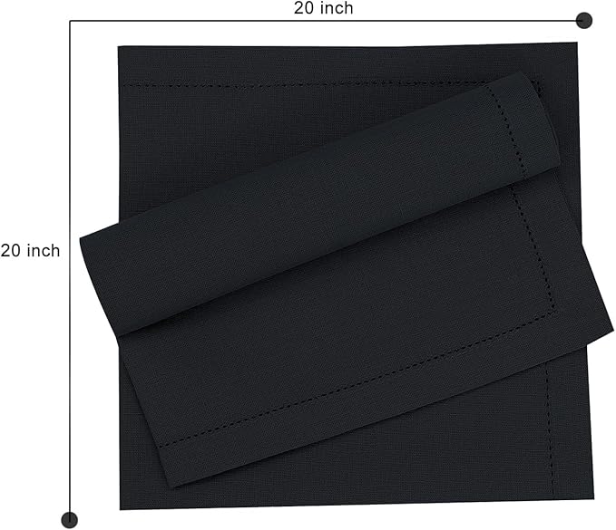 Ruvanti Premium Linen Napkins Set of 4-20x20 Inch, Classic Hemstitch, Mitered Corner Cloth Napkins‎‎ - Soft, Elegant Dinner Napkins Cloth Washable for Weddings, Parties, Everyday Use - Black