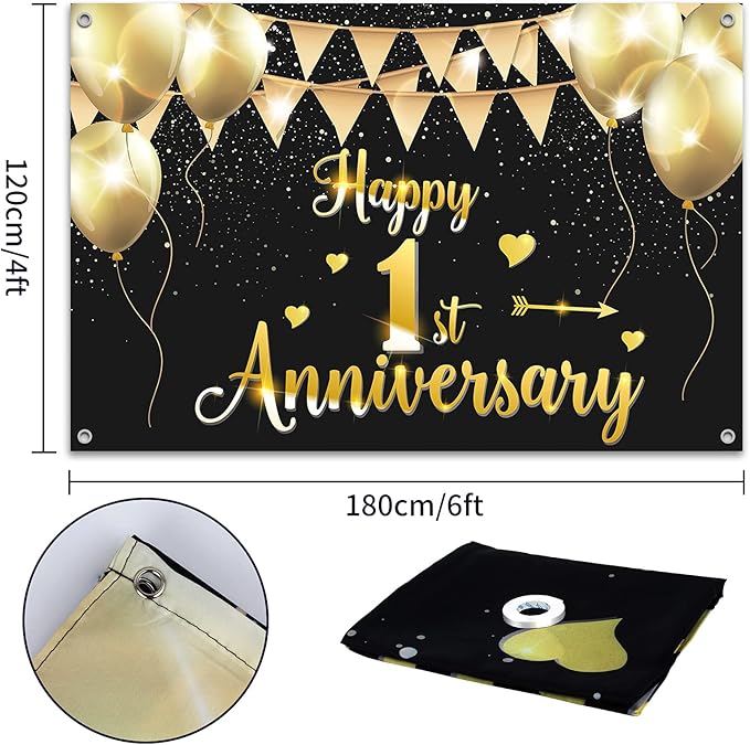 HAMIGAR 6x4ft Happy 1st Anniversary Banner Backdrop - 1 Wedding Anniversary Decorations Party Supplies - Black Gold
