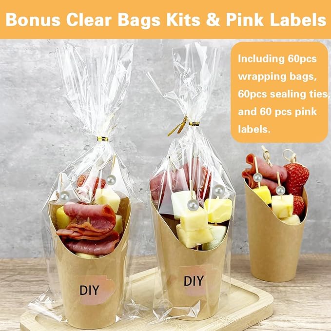 60 PCS 14 oz Disposable Charcuterie Cups Set with 200 Cocktail Skewers, 60 Portable Bags, 60Labels, Individual Brown Kraft Paper Appetizer French Fry Holders Snack Boxes for Parties