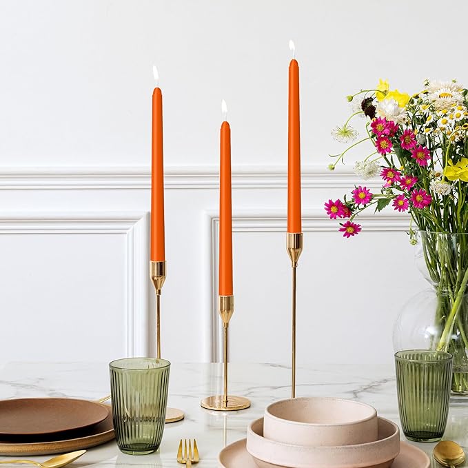 12 Pack Orange Taper Candles - Taper Candles 10 Inch Dripless, Smokeless & Unscented - 8 Hours Long Burning - Ideal for Weddings, Dinner Parties, and Home Decor