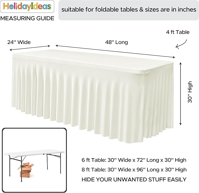 HolidayIdeas Spandex Table Skirts for Rectangle Tables 4 Ft, Fitted Stretch Table Cover 24x48 Inch, Wrinkle-Free Ruffle Design Tablecloths for Banquets,Trade Shows, Parties, Events, 4 Pack, Beige