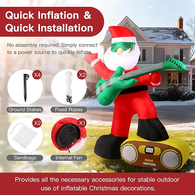 6FT Christmas Inflatables Decorations Outdoor，Blow Up Santa Claus with a Guitar with Built-in LEDs Lights for Indoor Holiday Party Yard Garden Lawn Décor