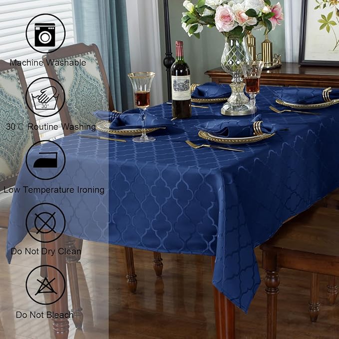 SASTYBALE Jacquard Tablecloth Damask Fabric Table Cloth Water Resistant & Wrinkle Free Spillproof Polyester Table Cover for Kitchen Dining Tabletop (Rectangle/Oblong, 52" x 70" (4-6 Seats), Navy)