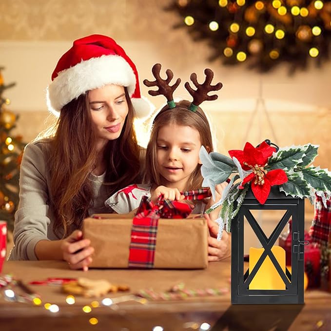 Christmas Lanterns Decorative Indoor, 2 Pack Christmas Lantern Outdoor, 12 Inch Decorative Candle Lanterns Flameless Light with Floral and Greenery for Table Centerpieces,Home, Porch Decor