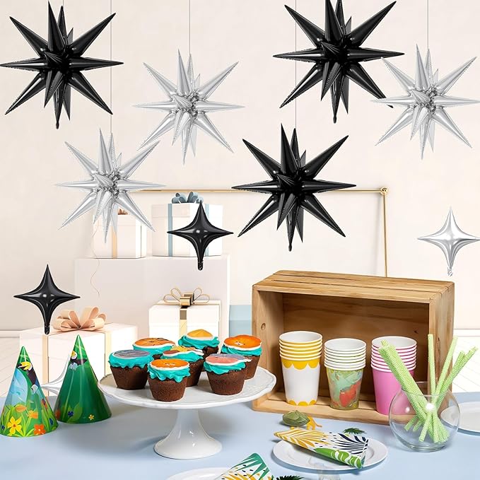 18 Pcs Black Silver Star Balloons, Silver and Black Balloon with 6 Pcs 22-Inch Explosion Star Balloons 12Pcs 10-Inch Four Pointed Stars Foil Balloon for Anniversary Birthday Party Decorations