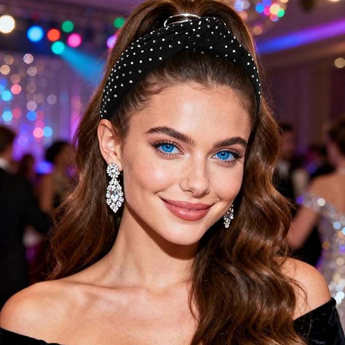 YISSION Black Rhinestone Knotted Headband for Women, Sparkly Crystal Embellished Hair Hoop, Elegant Wide Top Knot Hair Accessory for Party, Wedding, Daily Styling
