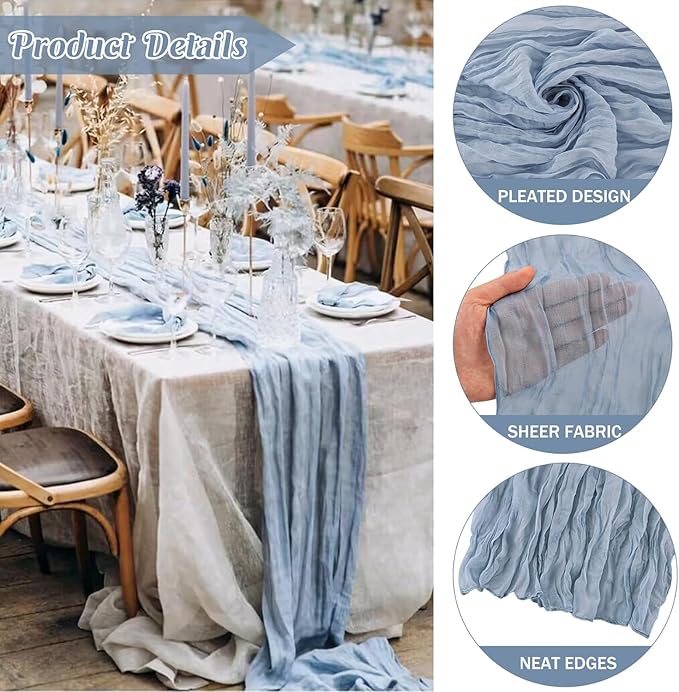12 Pack Cheesecloth Table Runner, 35x120 Inch Boho Gauze Dusty Blue Table Runner 10 Ft Long Rustic Sheer Cheese Cloth Table Decor for Wedding Party Baby Shower Christmas