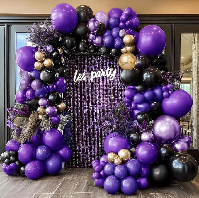 Purple Black Gold Balloon Garland Double Stuffed Dark Purple Black Balloons Metallic Lilac Balloon Arch Kit for Birthday Halloween Prom Vampire Anniversary Party Decoration