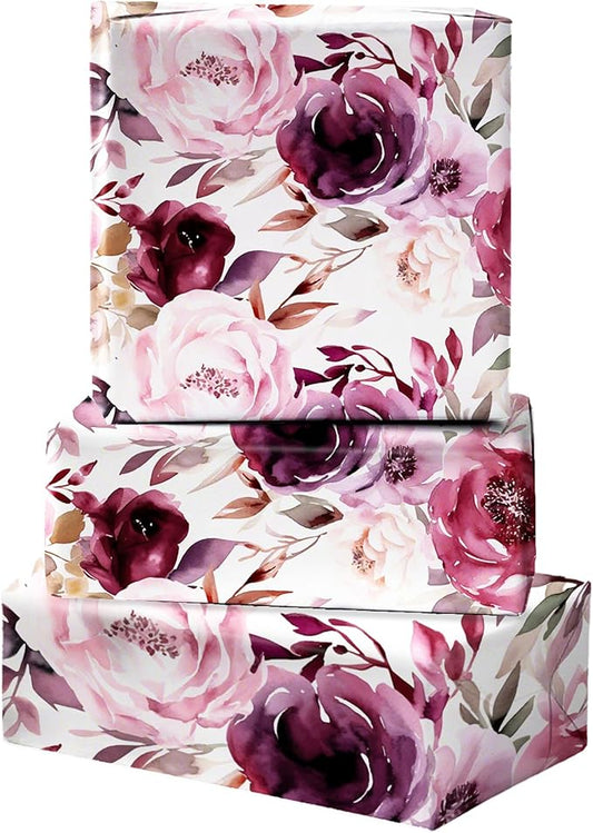 ZINTBIAL Floral Wrapping Paper Roll - Purple Rose Design, 17 Inches x 16.5 Feet, Gift Wrap for Wedding, Bridal Shower, Birthday, Mother's Day,Anniversary, Cut Lines on Back