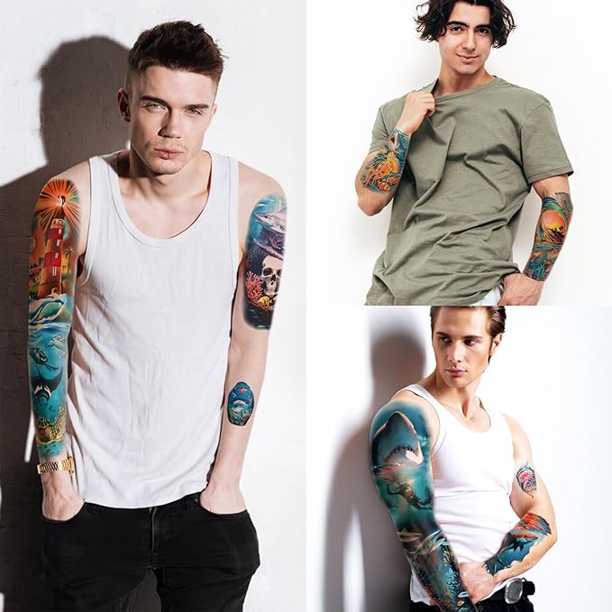 46 Temporary Tattoo for Men Women, 8 Full Arm Shark Dolphin Fake Tattoos, 8 Half Arm Ocean Fish Fake Tattoos, 30 Tiny for Adults Kids Body Tattoos Stickers Waterproof Realistic
