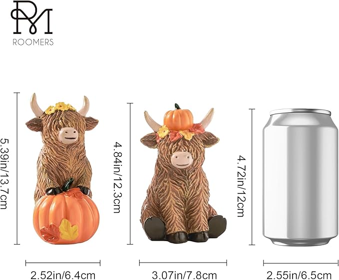 RM ROOMERS 2 PCS Highland Cow Figurines Fall Decor Thanksgiving – Resin Highland Cow Decorations for Home – Cute Cow Statues with Pumpkin & Flowers, Farmhouse Kitchen Autumn Table or Shelf Decor