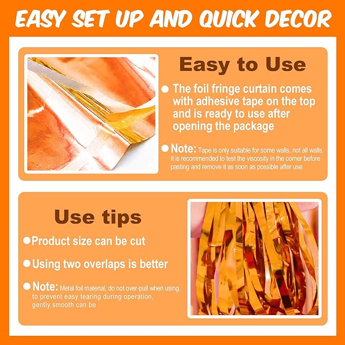 3 Pack Orange Foil Fringe Curtains Backdrop, 3.28 x 8.2 Ft Metallic Streamers Tinsel Curtains Background for Photo Booth, Birthday, Christmas, Halloween, Thanksgiving, New Year Party Decorations