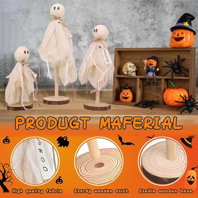 3 Set of Primitive Ghosts on Wooden Stand Halloween Decorations Indoor for Table Centerpieces Tiered Trays Shelves Mantels Home Halloween Décor