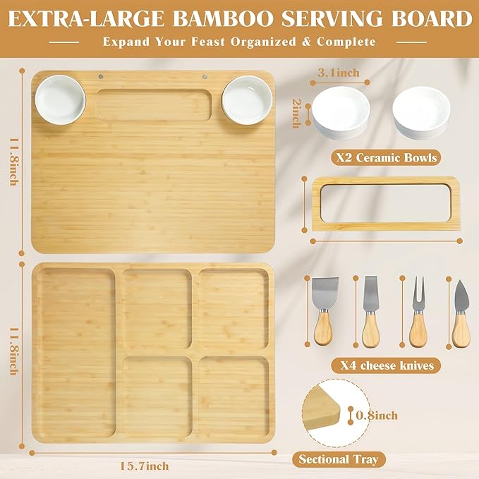 Large Bamboo Charcuterie Boards 2 Sets(16"*12"*0.8") Cheese Board & Platter Tray Accessories with Knives for Entertaining | Wedding, Bridal Shower & Housewarming Gifts for Women and Couples