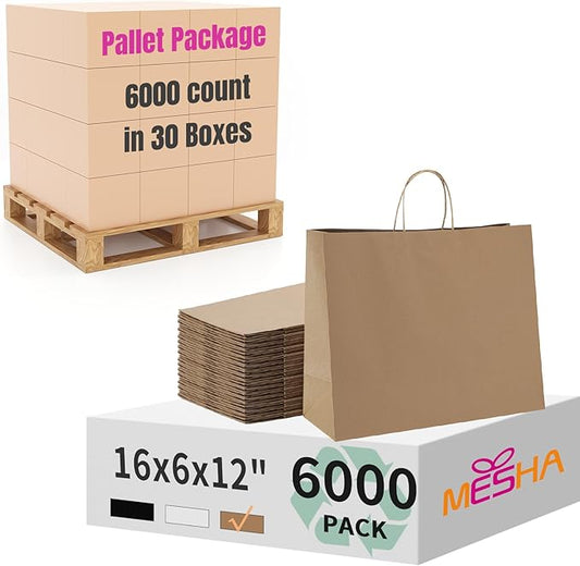 MESHA Gift Paper Bags 6000 PACK 16x6x12 Brown Large Shopping Kraft Bags Bulk with Handles Reusable for Business,Grocery,Birthday,Wedding,Kids Party,Favors