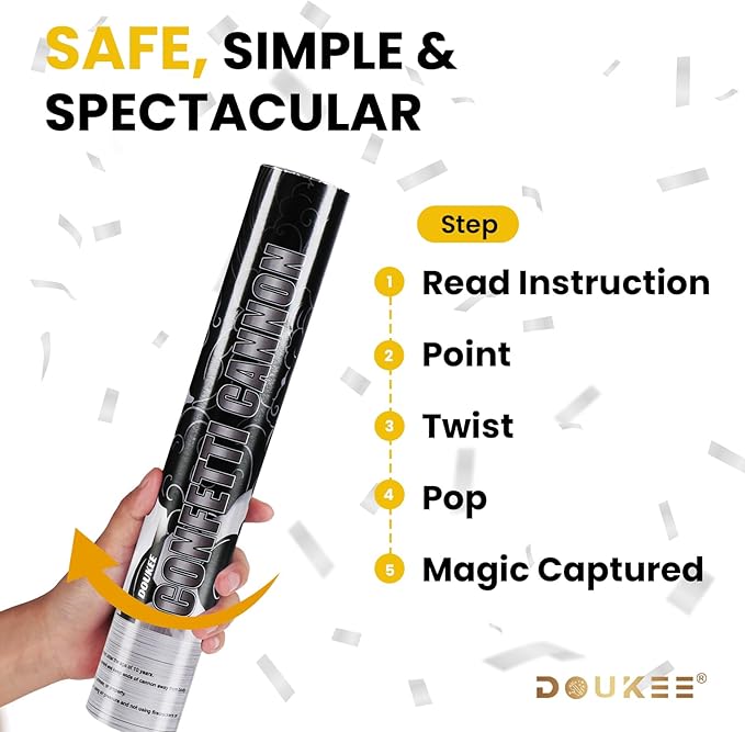 Wedding Confetti Poppers Silver, DOUKEE 2Pack Shiny Silver Mylar Confetti Poppers Cannon Party Shooter for Graduation, New Years Eve, Birthday Party Supplies -12 Inch