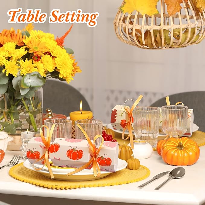Xinnun 50 Packs Thanksgiving Cracker Kit No Snap Party Table Favors Pumpkin Maple Leaf DIY Thanksgiving Party Cracker Candy Boxes for Holiday Dinner Decoration Gift (Pumpkin Maple Leaf)