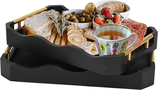 2 Pack Bamboo Trays with Handles - Decorative Stackable Ottoman & Serving Trays for Coffee Table, Breakfast in Bed, Couch Snacking, Home Decor (Black)