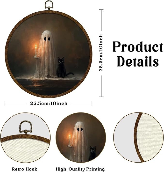 Funny Halloween Ghost and Black Cat Round Wall Art,Gothic Canvas Wall Hanging Decor, Spooky Farmhouse Vintage Round Wall Art for Bedroom Living Room Entryway, Rustic Ghost Gothic Wall Decor,Gift for Halloween 10x10Inch (Dark-Ghost02)