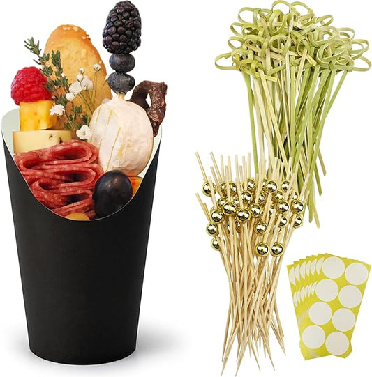 CAMKYDE 50 Charcuterie Cups + 200 Cocktail Picks + 56 Labels, 12 oz Disposable Charcuterie Cups with Sticks (2 Types), French Fry Cups Brown Paper Appetizer Cups for all Occasions（Black）