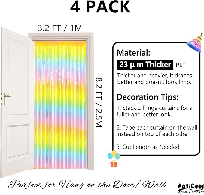 Pastel Rainbow Streamers - Thicken 4 Pack 3.2 x 8.2 FT - Pastel Rainbow Foil Fringe Curtains, Pastel Backdrop for Birthday, Baby Shower, Easter, Spring Party Decorations