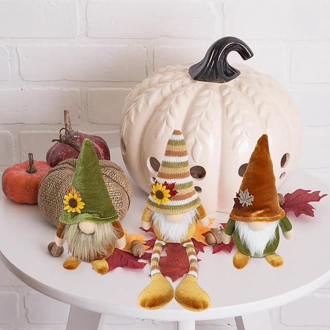 DAZONGE Thanksgiving Decor, 3PCS Harvest Gnomes Plush for Tiered Tray Decor, Thanksgiving Decorations for Home, Fall Leaves and Dangle Legs Gnomes for Home Decorations