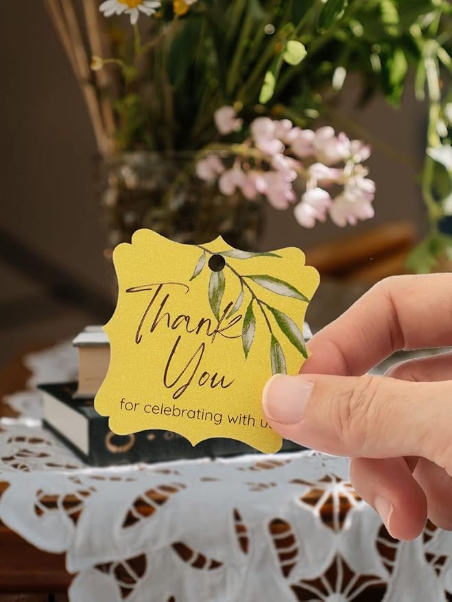 Summer-Ray 50pcs Thank You Tags Wedding Birthday Bridal Shower Favors Gift Tags with Olive Leaves (Shimmered Gold Thank You for Celebrating with us)